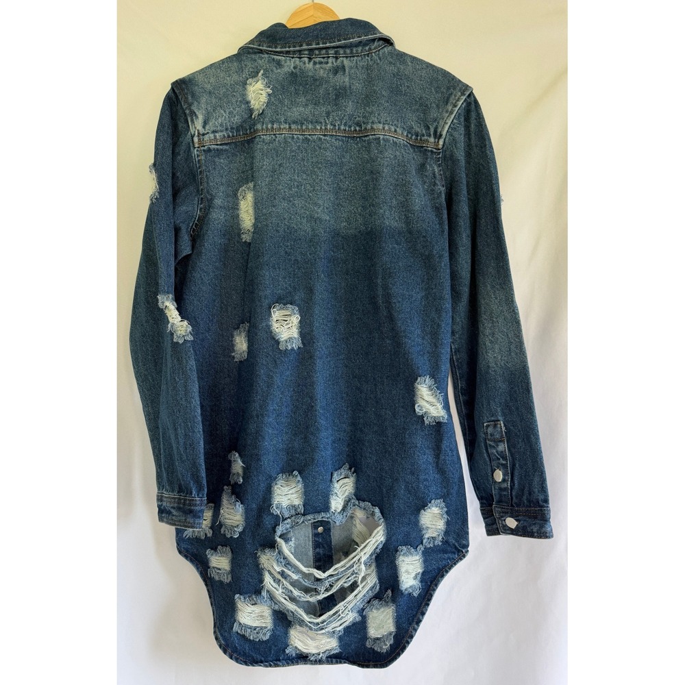 American Bazi Womens Distressed Denim Jacket Medium Wash Longline RJK-3712SI M - Picture 2 of 6